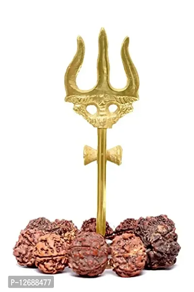 Metal Lord Shiva Brass Trishul with Damru on Stand for Pooja Room (Height-10cm)-thumb2