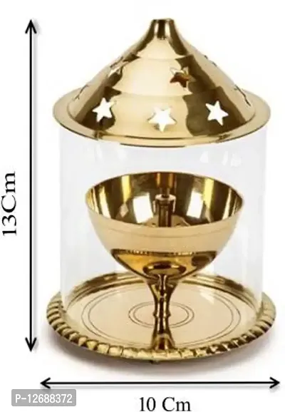 Brass Golden Akhand Diya with Borosil Glass Chimney Brass Table Diya For Homes Decor Brass, Glass Table Diya&nbsp;&nbsp;(Height: 5 inch)_Glass Diya 234-thumb2