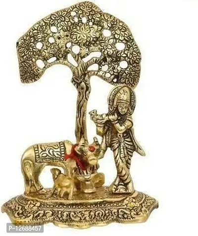 Krishna with Cow Standing Under Tree Playing Flute / Krishna Murti / Krishna Cow Idol / Krishna Showpiece / God Idols / Brass Finish Showpiece Decorative Showpiece Decorative Showpiece - 17 cm&nbsp;&nbsp;(Aluminium, Gold):Krishna Tree 227-thumb0