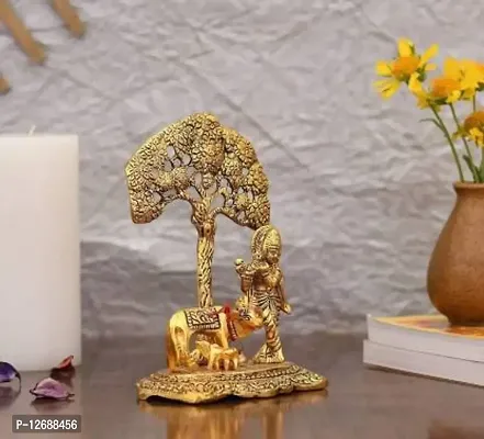 Metal Krishna with Cow Standing Under Tree Playing Flute / Brass Showpiece / Krishna Murti / Krishna Cow Idol / Krishna Showpiece / God Idols/ Decorative Showpiece Decorative Showpiece - 17 cm (Metal, Gold):Krishna Tree 225-thumb2