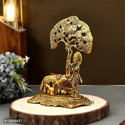 Brass Metal Cow Calf and Lord Krishna Under Tree Idol Showpiece Sculpture , Medium , Golden, (Gold, 12.5X8X16Cm):Krishna Tree 204-thumb2