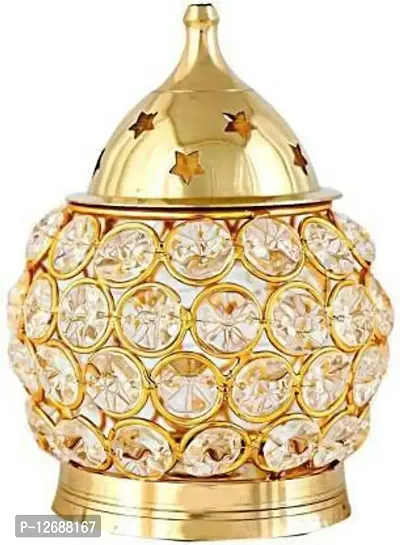 Brass Akhand Diya | Diamond Crystal Deepak/Dia | Akhand Jyot | Magical Lantern Brass Diya | Decorative Brass Crystal Oil Lamp | Tea Light Holder Lantern | Puja Lamp Crystal, Brass Table Diya&nbsp;&nbsp;(Height: 4 inch)-thumb0