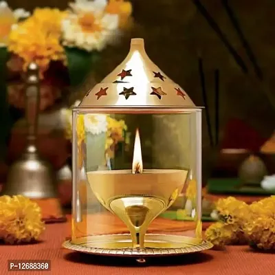 Brass Akhand Diya with Borosilicate Glass Brass Table Diya Set&nbsp;&nbsp;(Height: 5 inch)_Glass Diya 222-thumb0