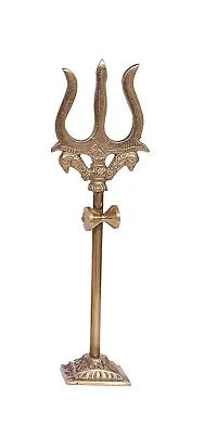 Brass Damru Trishul on Stand Show Piece Decoration items for Pooja Room, Temple Home Decor, Puja House  office Mandir, size 4 inch weight 45g-thumb1