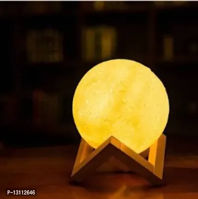 3D Printing LED Touch Sensor Wireless Rechargeable Bedroom Moon Night Lamp with Wooden Stand Night Lamp&nbsp;&nbsp;(12 cm, Multicolor)