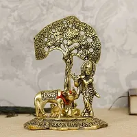 Lord Krishna playing Flute under Tree with Golden Cow and Calf Decorative Showpiece - 16.5 cm&nbsp;&nbsp;(Aluminium, Gold, Brown):Krishna Tree 213-thumb1