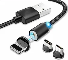 Nylon Braided Magnetic 360 Degree 3 Ampere USB Fast Charging Data Cable with LED Light 1 m USB Type C Cable&nbsp;&nbsp;(Compatible with Lightning Micro , IOS Lightning Port, Type-C Port, Black, One Cable)-thumb2