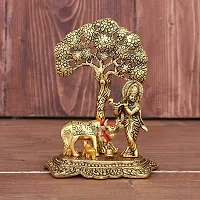 Metal Krishna with Cow Standing Under Tree Plying Flute Decorative Showpiece Golden Oxidized Gift Item, (Gold, 12.5X8X16Cm):Krishna Tree 203-thumb2