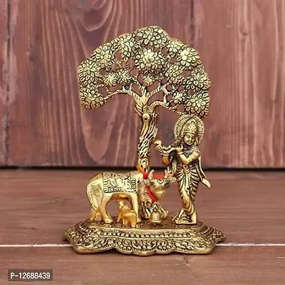 Metal Krishna with Cow Standing Under Tree Plying Flute Decorative Showpiece Golden Oxidized Gift Item, (Gold, 12.5X8X16Cm):Krishna Tree 203-thumb3