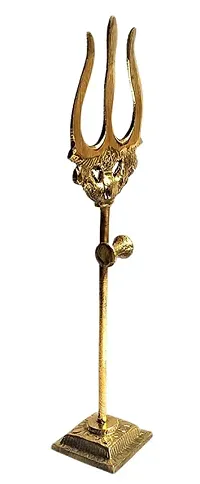 Metal Trishul, Trident Damru with Stand Brass Statue for Car Dashboard/Temple, Puja Ghar,golden (Height-10cm)-thumb1