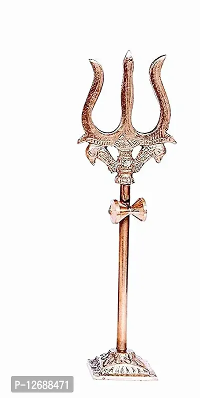 Brass Trishul, Trident Damru with Stand Brass Statue for Car Dashboard/Temple, Puja Ghar (Height-10cm)