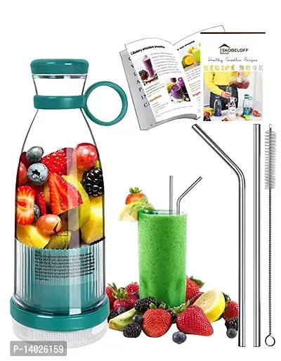 Portable Travel Juicer blender bottle  smoothie maker with USB charging 4 Blades (Free Smoothies and Shakes Recipe Book, 2 Stainless Steel Straw  Cleaning Straw)
