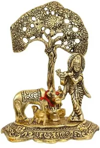 Metal Krishna with Cow Standing Under Tree Playing Flute Decorative Showpiece Decorative Showpiece Decorative Showpiece - 17 cm&nbsp;&nbsp;(Metal, Gold):Krishna Tree 221-thumb1