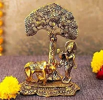 Brass Lord Krishna with Cow Standing Under Bargadh Tree Decorative Showpiece - 17 cm&nbsp;&nbsp;(Brass, Gold):Krishna Tree 224-thumb1