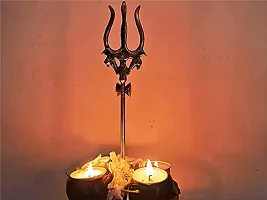 Brass Trishul, Trident Damru with Stand Brass Statue for Car Dashboard/Temple, Puja Ghar (Height-10cm)-thumb1