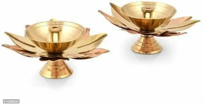 Brass Akhand Lotus/Kamal Diya | Akhand Jyot | Magical Lantern Brass Diya | Decorative Brass Oil Lamp | Puja Lamp Brass, Copper Table Diya Brass (Pack of 2) Table Diya&nbsp;&nbsp;(Height: 1.5 inch) : Copper Brass Diya 235-thumb0