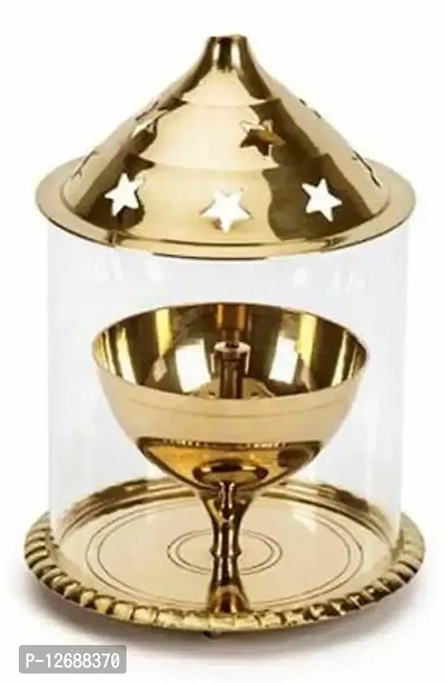 Brass Akhand Diya with Borosilicate Glass Brass Table Diya Set&nbsp;&nbsp;(Height: 4.5 inch)_Glass Diya 232-thumb2