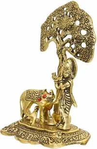 Metal Krishna with Cow Standing Under Tree Plying Flute Decorative Showpiece - 17 cm&nbsp;&nbsp;(Metal, Gold):Krishna Tree 218-thumb2