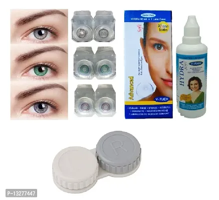 Violet-Green Turquoise-Grey Colored (3 Pairs) Soft Contact Lens (0 Power) with Solution  Case-thumb0