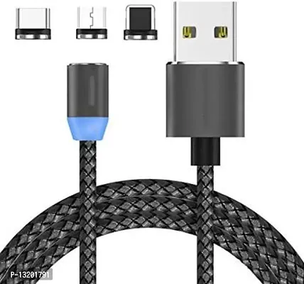 Nylon Braided Magnetic 360 Degree 3 Ampere USB Fast Charging Data Cable with LED Light 1 m USB Type C Cable&nbsp;&nbsp;(Compatible with Lightning Micro , IOS Lightning Port, Type-C Port, Black, One Cable)