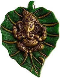 Metal Ganesh Ganesha Ganpati Statue Religious Idol Pan/patta/Leaf Wall Hanging FengShui Vastu Home Decor Gift Sculpture Wall Art Home/Office/Wall Decor Figurine - 19 cm Decorative Showpiece - 19 cm&nbsp;&nbsp;(Aluminium, Green)-thumb1