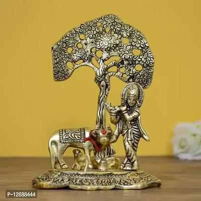 Lord Krishna playing Flute under Tree with Golden Cow and Calf Decorative Showpiece - 16.5 cm&nbsp;&nbsp;(Aluminium, Gold, Brown):Krishna Tree 213-thumb0