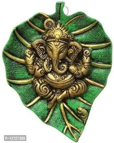 Metal Pan Leaf Hanging Metal Ganesh Ji Statue| Religious Idol Decorative Showpiece - 18 cm&nbsp;&nbsp;(Wood, Green)