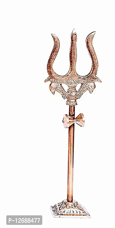 Metal Lord Shiva Brass Trishul with Damru on Stand for Pooja Room (Height-10cm)