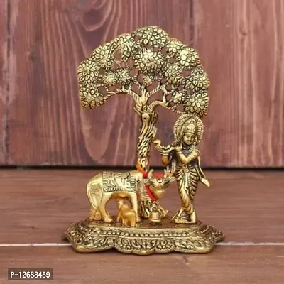 Metal Krishna with Cow Standing Under Tree Plying Flute. Decorative Showpiece - 16 cm&nbsp;&nbsp;(Aluminium, Gold):Krishna Tree 229-thumb0