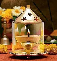 Brass Akhand Diya with Borosilicate Glass Cover . Borosilicate Glass, Brass Table Diya&nbsp;&nbsp;(Height: 5 inch)_Glass Diya 242-thumb1