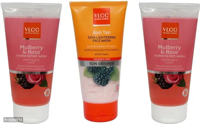 VLCC Original Anti-Tan Skin Ligtening  Mulberry and Rose Face Wash - Pack of 3 (150 ml each)