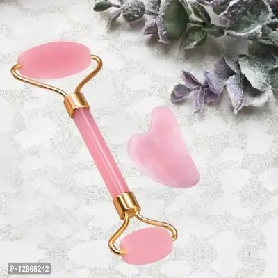 Rose Quartz Jade Facial Roller  Gua Sha 100% Natural Pink Massage Stone Sourced from Highest Altitude of Himalaya Face Neck Facial Anti-aging, Drainage Massage, Reduce Fine lines, wrinkles Massager&nbsp;&nbsp;(Pink)-thumb0