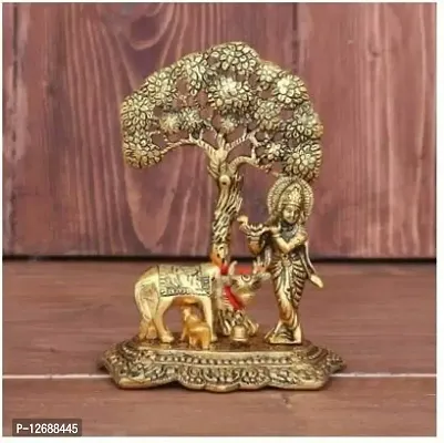 CRAFT Metal Krishna with Cow Standing Under Tree Plying Flute Decorative Showpiece Decorative Showpiece - 17 cm&nbsp;&nbsp;(Metal, Gold):Krishna Tree 215-thumb0