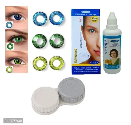 Blue-Green-Hazel Colored (3 Pairs) Soft Contact Lens (0 Power) with Solution  Case