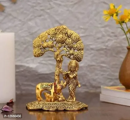 Metal Krishna with Cow Standing Under Tree Playing Flute / Brass Showpiece / Krishna Murti / Krishna Cow Idol / Krishna Showpiece / God Idols/ Decorative Showpiece Decorative Showpiece - 17 cm (Metal, Gold):Krishna Tree 225-thumb0