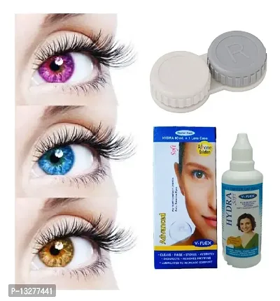 Violet-Light Blue-Hazel Colored (3 Pairs) Soft Contact Lens (0 Power) with Solution  Case