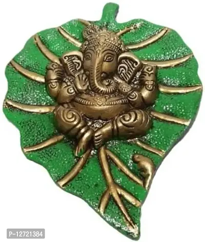 Decorative Showpiece Green Leaf Ganesha For Home Pooja Mandir Decorative Showpiece - 10 cm&nbsp;&nbsp;(Metal, Green)