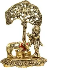 Metal Krishna with Cow Calf Standing Under Tree Plying Flute Decorative Showpiece - 16.5 cm (Brass, Gold) Decorative Showpiece - 16.5 cm&nbsp;&nbsp;(Metal, Gold):Krishna Tree 223-thumb1