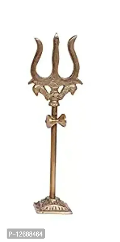 Brass Damru Trishul on Stand Show Piece Decoration items for Pooja/puja Room, Temple Home Decor, Puja House  office Mandir (Height-10cm)-thumb0