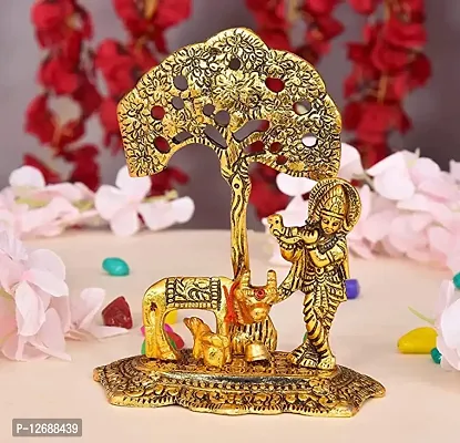 Metal Krishna with Cow Standing Under Tree Plying Flute Decorative Showpiece Golden Oxidized Gift Item, (Gold, 12.5X8X16Cm):Krishna Tree 203-thumb2