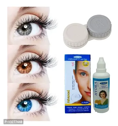 Grey-Brown-Light Blue Colored (3 Pairs) Soft Contact Lens (0 Power) with Solution  Case