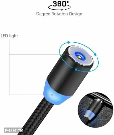 Nylon Braided Magnetic 360 Degree 3 Ampere USB Fast Charging Data Cable with LED Light 1 m USB Type C Cable&nbsp;&nbsp;(Compatible with Lightning Micro , IOS Lightning Port, Type-C Port, Black, One Cable)-thumb2