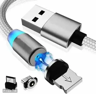 Type C USB Charging Cable, 360 Degree Rotation 3 in 1 1.2 m Magnetic Charging Cable 1.2 m Magnetic Charging Cable&nbsp;&nbsp;(Compatible with ALL SMARTPHONE  ALL IOS ANDROID, Silver, One Cable)-thumb0