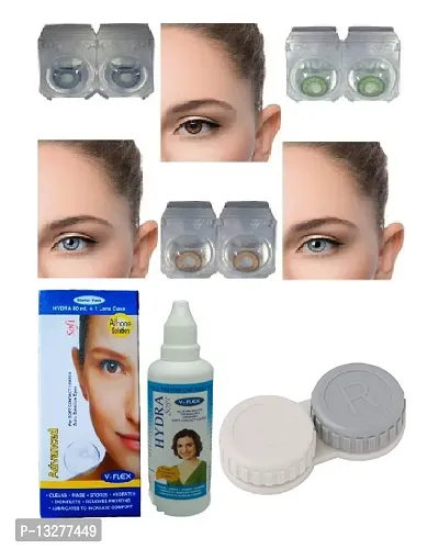 Blue-Green-Honey Colored (3 Pairs) Soft Contact Lens (0 Power) with Solution  Case