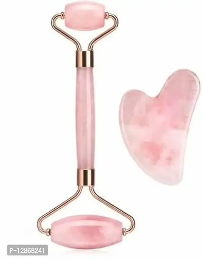 jaderoller Rose Quartz Roller and Gua sha set Rose Quartz Roller and Guasha set for facial skincare and skin rejuvenation, Wrinkles, Eye Puffiness Massager&nbsp;&nbsp;(Pink, Gold)