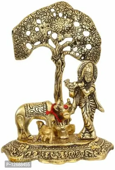 Metal Krishna with Cow Standing Under Tree Plying Flute Decorative Showpiece - 17 cm&nbsp;&nbsp;(Metal, Gold):Krishna Tree 218-thumb0