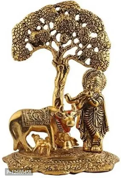 Krishna Idol Murti with Kamdhenu Cow Standing Under Tree Playing Flute Decorative Showpiece - 17 cm&nbsp;&nbsp;(Metal, Multicolor):Krishna Tree 228-thumb0