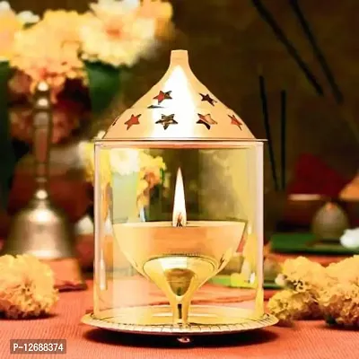 Akhand Brass Diya with Borosilicate Glass Brass Table Diya Set Brass, Glass Table Diya&nbsp;&nbsp;(Height: 5 inch)_Glass Diya 236-thumb0