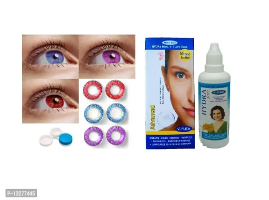 Blue-Red-Violet Colored (3 Pairs) Soft Contact Lens (0 Power) with Solution  Case