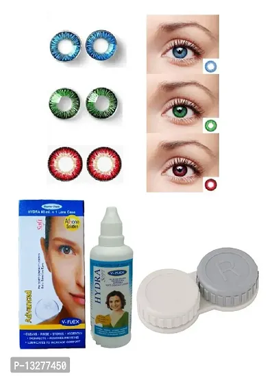 Blue-Green-Red Colored (3 Pairs) Soft Contact Lens (0 Power) with Solution  Case